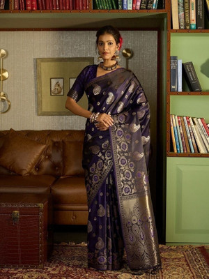 Vichitra Woven, Self Design Banarasi Silk Blend, Jacquard Saree(Purple)
