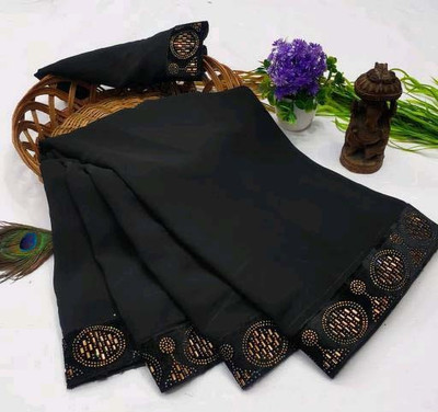 Harbhole Lace Border Self Design, Solid/Plain Bollywood Georgette Saree(Black)