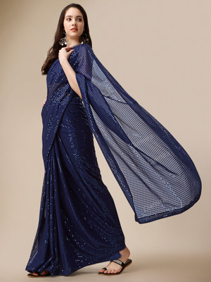 Clemira Embroidered, Embellished Bollywood Georgette Saree(Blue)