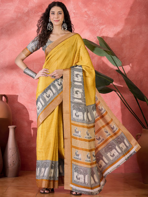 Blissta Checkered Kalamkari Silk Blend Saree(Yellow)
