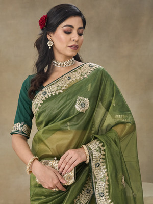 Tasrika Embroidered Bollywood Net Saree(Green)
