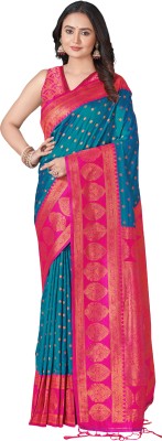 Elite Weaves Woven Paithani Silk Blend Saree(Blue)