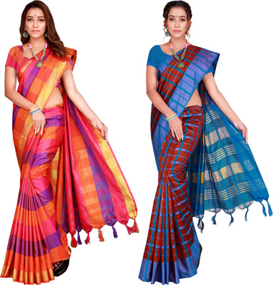 PRIYANSH CREATION Checkered Bollywood Cotton Silk Saree(Pack of 2, Multicolor)