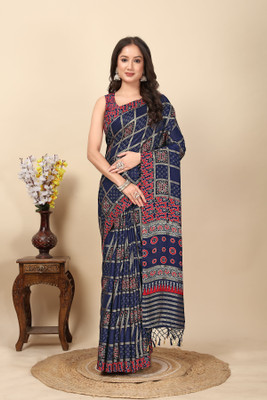 J6 Designers Printed Patola Silk Blend Saree(Blue)