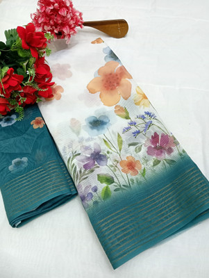HouseOfCommon Printed Kanjivaram Chanderi, Cotton Silk Saree(White, Green)