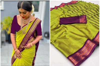 FashionZonee Embellished Banarasi Cotton Silk Saree(Purple)