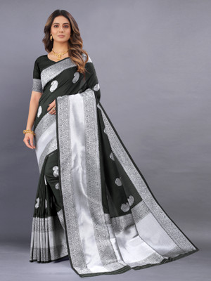 Bansari Textiles Self Design Banarasi Jacquard, Cotton Silk Saree(Black)