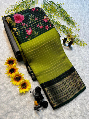 RAAVIENTERPRISE Floral Print, Striped, Woven Mysore Silk Blend Saree(Green)
