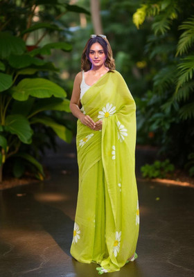 Myraani Floral Print Daily Wear Cotton Linen Saree(Light Green)