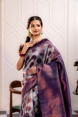 Orus Printed Kanjivaram Jacquard, Silk Blend Saree(Grey, Dark Blue)