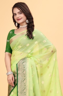 PACHIMAA Checkered, Temple Border Bollywood Organza Saree(Green, Light Green)