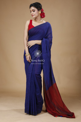 Bong ButiQ Color Block Bollywood Handloom Pure Cotton Saree(Dark Blue, Red)