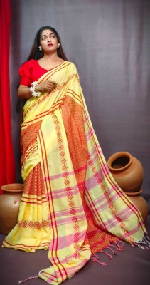 LDma Woven, Self Design Handloom Handloom Cotton Blend Saree(Yellow, Red)