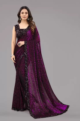TRIMURTIPRINTS Self Design, Embellished, Woven Bollywood Lycra Blend Saree(Purple)