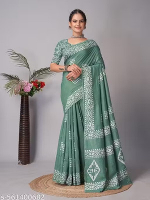 FRIYAL Printed Bollywood Cotton Linen Saree(Green)