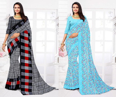 Panchvati NX Printed Daily Wear Georgette Saree(Pack of 2, Blue, Grey)