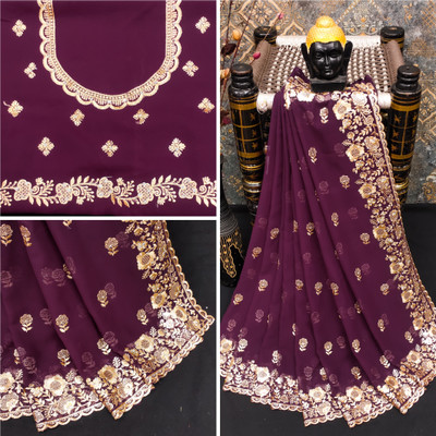 Mikhushop Embroidered Bollywood Georgette Saree(Purple)