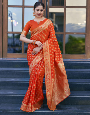 Samah Woven, Embellished, Self Design Banarasi Silk Blend, Jacquard Saree(Orange, Gold)