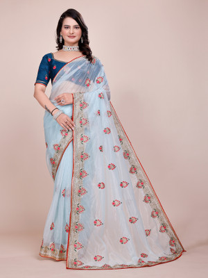 ARMEIDA Embroidered Baluchari Organza Saree(Light Blue)