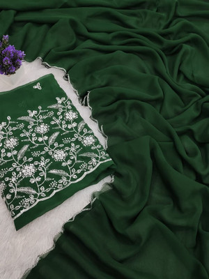 STITCH N SOLUS Solid/Plain, Embroidered, Self Design Daily Wear Georgette, Chiffon Saree(Green)