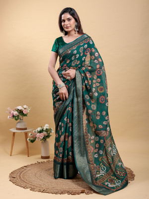 PK SAREES Digital Print Kalamkari Linen Saree(Multicolor)