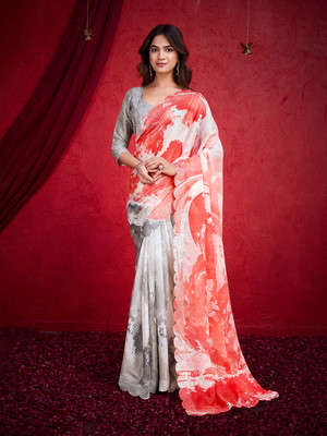RekhaManiyar Printed Bollywood Chiffon Saree(Orange)