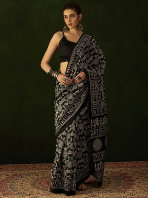 Sangria Printed Daily Wear Silk Blend Saree(Black)