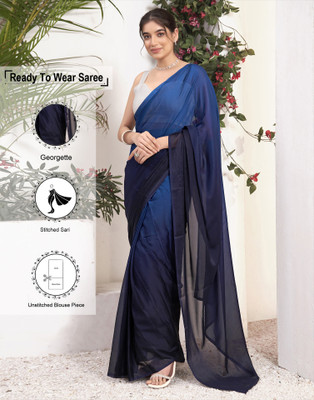 Samah Solid/Plain, Ombre, Embellished Bollywood Chiffon, Georgette Saree(Blue, Dark Blue)