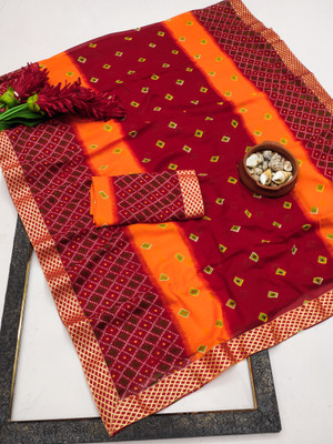 Kanooda Prints Printed Bandhani Georgette Saree(Red)