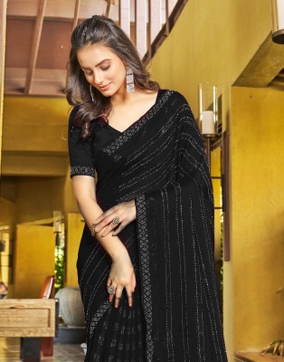 Satrani Dyed, Embellished, Self Design Bollywood Chiffon Saree(Black)