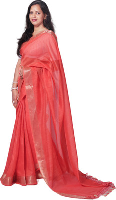BIMA Embellished Banarasi Cotton Silk Saree(Orange)
