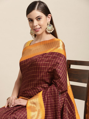 Quexle Color Block Bollywood Cotton Silk Saree(Brown)