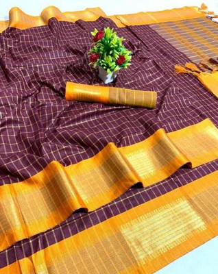 yourwish Woven, Checkered, Embellished, Self Design Daily Wear Jacquard, Cotton Silk Saree(Brown)
