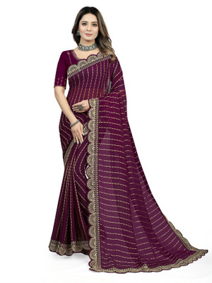 LADALI Striped Bollywood Georgette Saree(Purple)