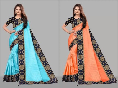 ONTIC LIFESTYLE Self Design Assam Silk Art Silk Saree(Pack of 2, Blue, Orange)