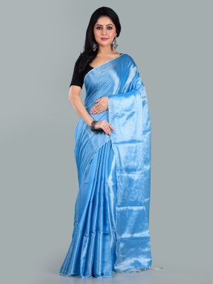 Shaw Creation Solid/Plain Handloom Handloom Tissue Saree(Blue)