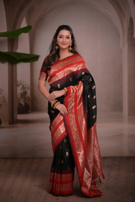 HouseOfCommon Woven Banarasi Cotton Silk Saree(Black)