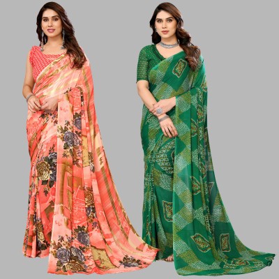 Anand Sarees Printed Daily Wear Georgette Saree(Pack of 2, Pink, Orange, Green)