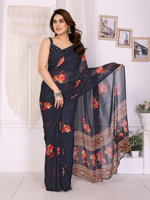 Karnav Fashion Floral Print, Self Design, Striped Bollywood Chiffon, Georgette Saree(Black)