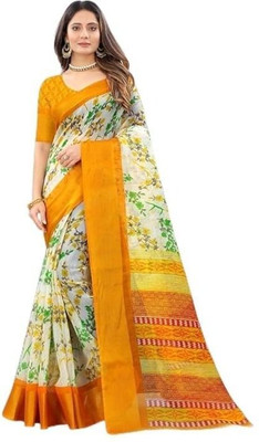 Grubstaker Floral Print Daily Wear Cotton Silk Saree(Yellow)