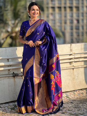 Tasrika Woven Paithani Cotton Silk Saree(Dark Blue)