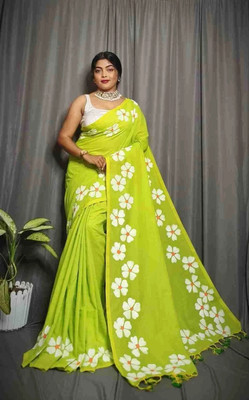 pal saree mahal Floral Print Hand Batik Cotton Blend Saree(Yellow)