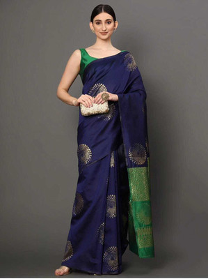 vasthralaya Printed, Solid/Plain Daily Wear Silk Blend Saree(Dark Blue)