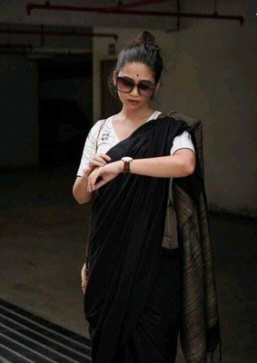 RMSCOLLECTION Solid/Plain Handloom Pure Cotton Saree(Black)