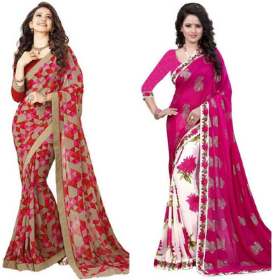Hinayat Fashion Floral Print, Printed, Self Design Bollywood Georgette, Chiffon Saree(Pack of 2, Red, Pink)