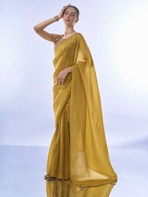 Kalista Solid/Plain Bollywood Chiffon Saree(Mustard)