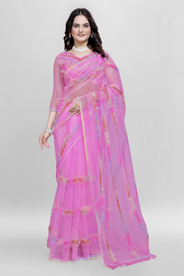Aika Embroidered Bollywood Net Saree(Pink)