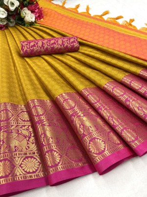 MM VENTURE Woven Dharmavaram Cotton Silk Saree(Beige)