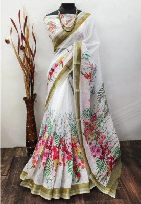 SHRIDHA Floral Print Handloom Linen Saree(White)