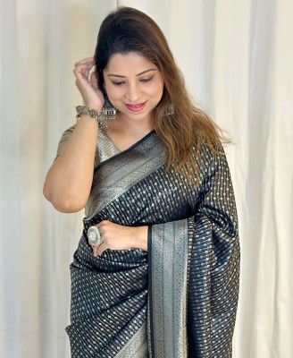 shopzoo trend Self Design, Embellished, Woven, Striped Kanjivaram Cotton Silk, Jacquard Saree(Black)